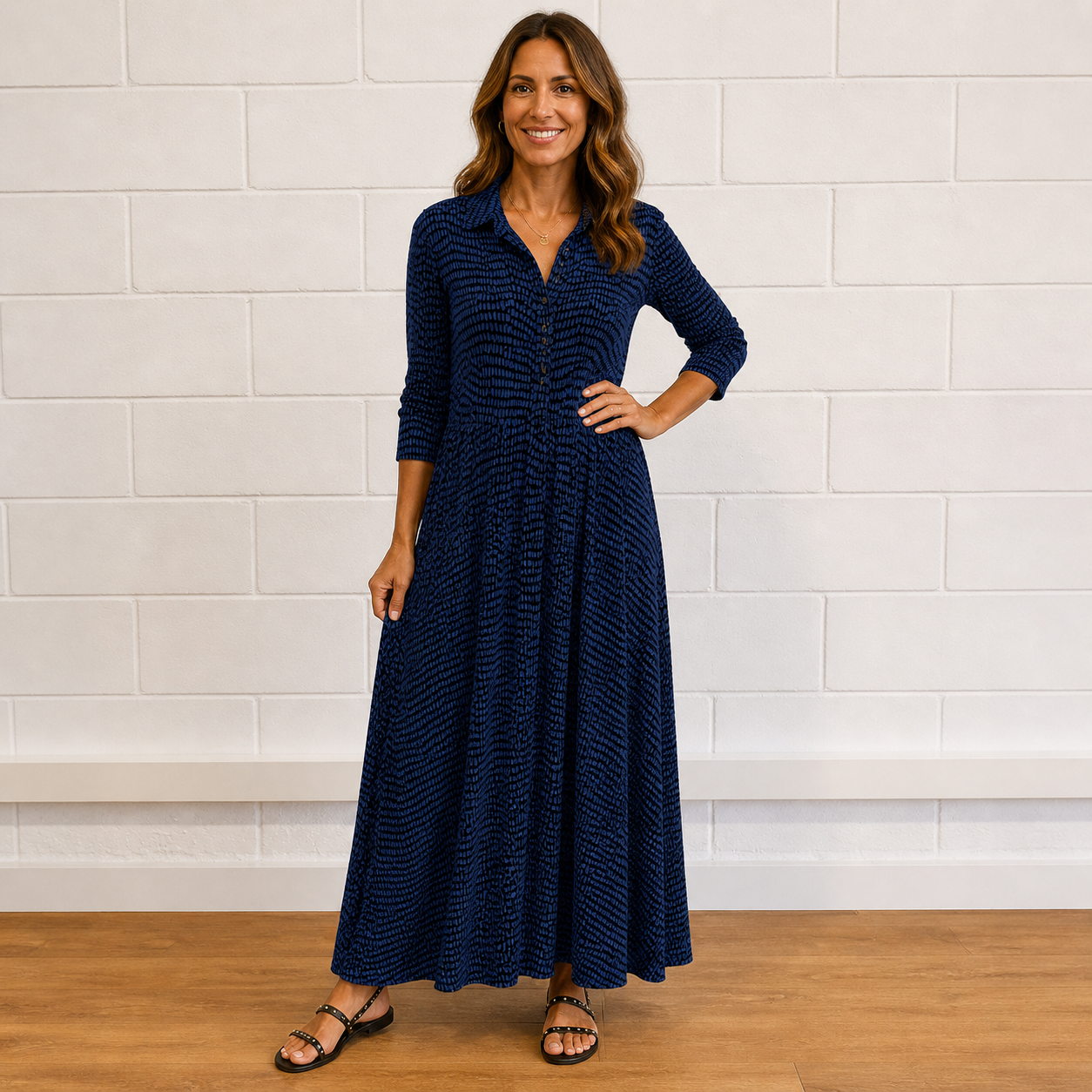 Robe Maxi Femme à Imprimé Abstrait et Col Chemise Élégant
