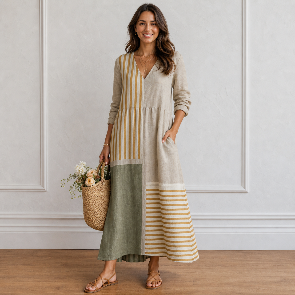 Robe Longue Patchwork à Rayures et Col V pour Femme