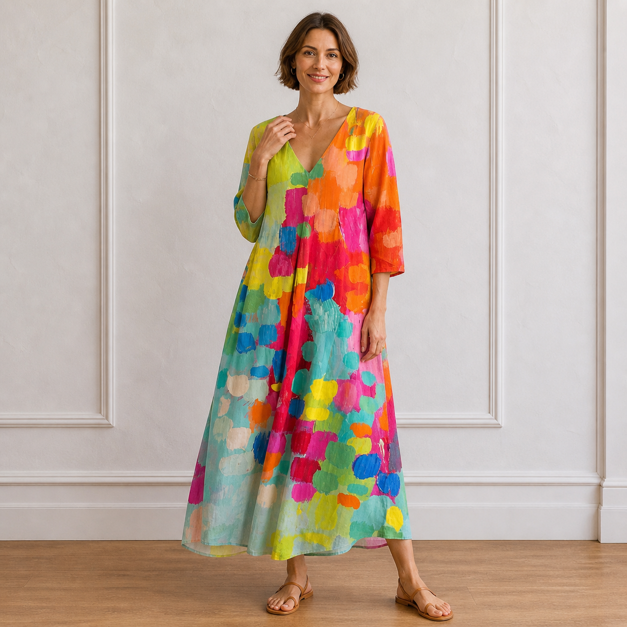 Robe Longue Artistique Multicolore à Col V pour Femme