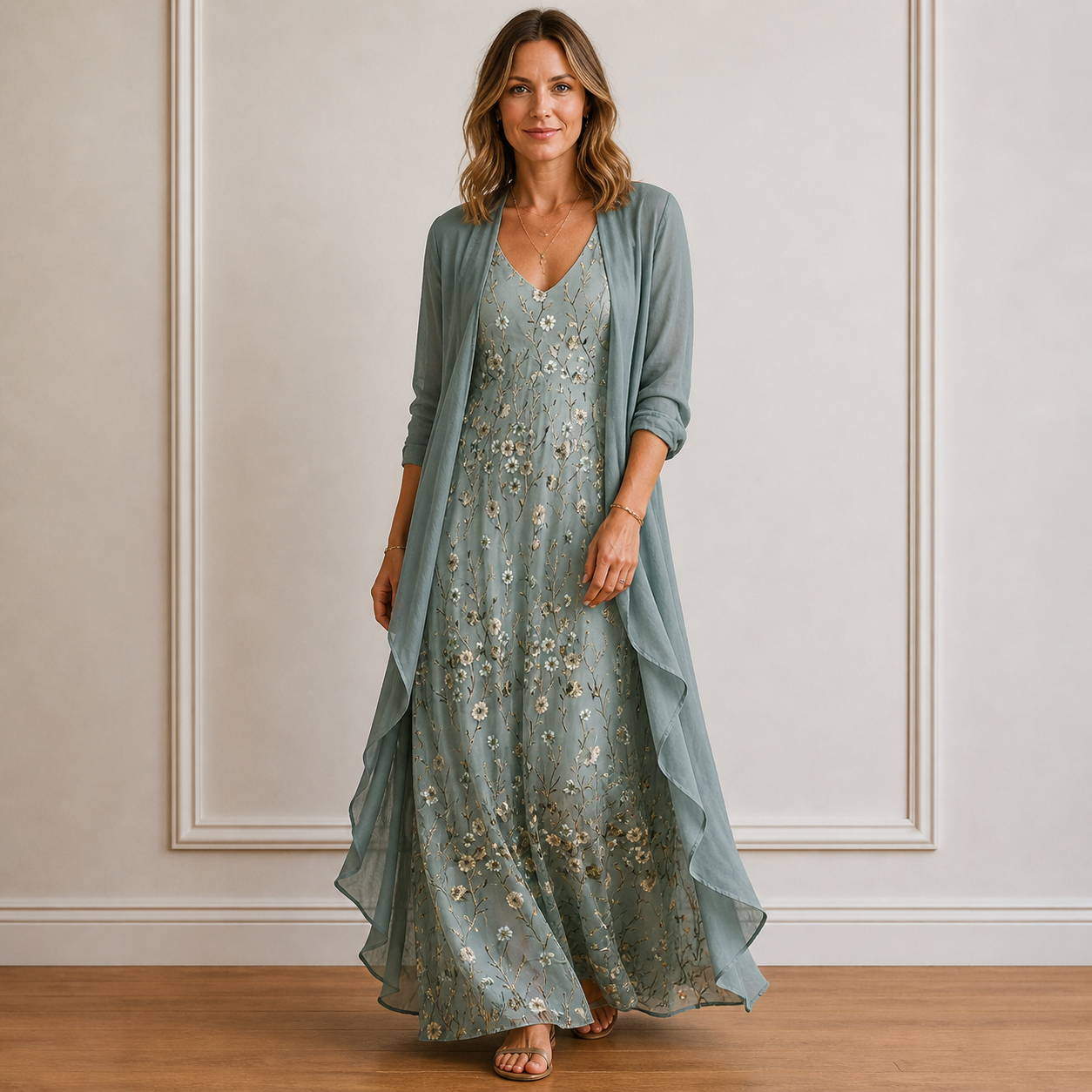 Ensemble 2 Pièces Robe Longue Fleurie et Cardigan Fluide pour Femme
