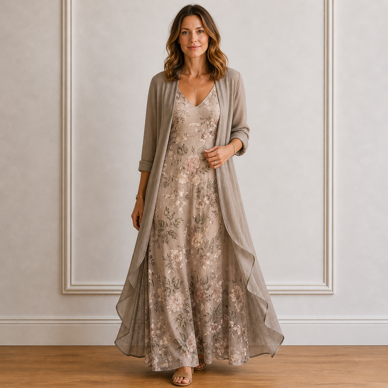 Ensemble 2 Pièces Robe Longue Fleurie et Cardigan Fluide pour Femme
