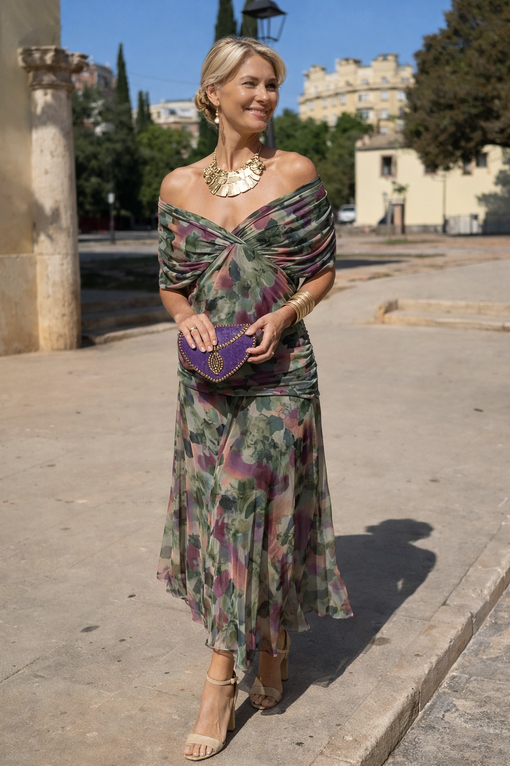 Women's Maxi Dress in Voile with V-Neckline