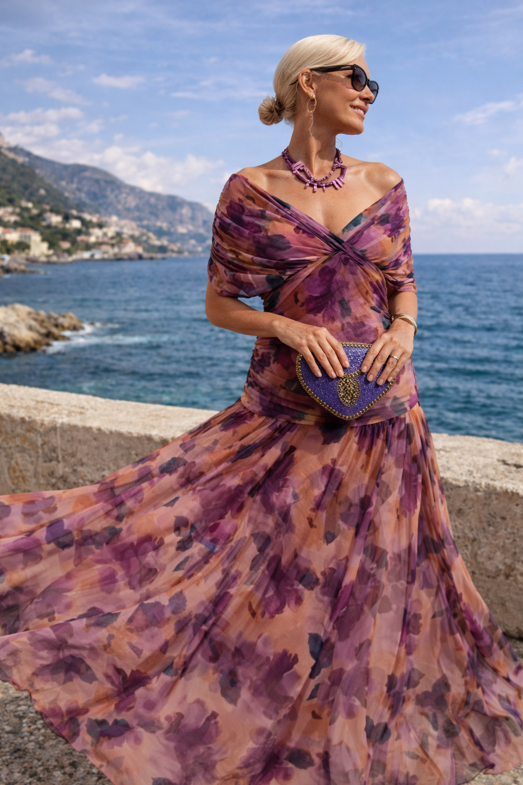 Women's Maxi Dress in Voile with V-Neckline