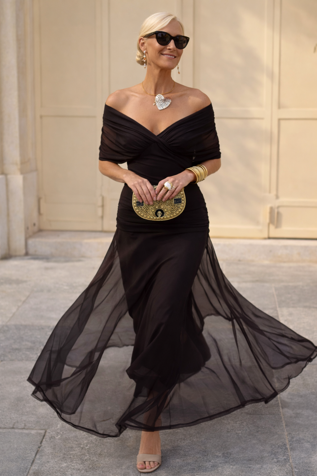 Women's Maxi Dress in Voile with V-Neckline