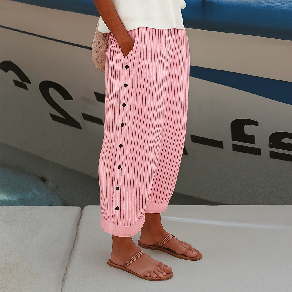 Pantalon Rayé Femme Coupe Large Boutonné Style Décontracté