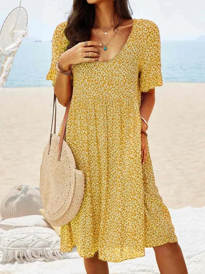 Cotton mini dress with flowers for women