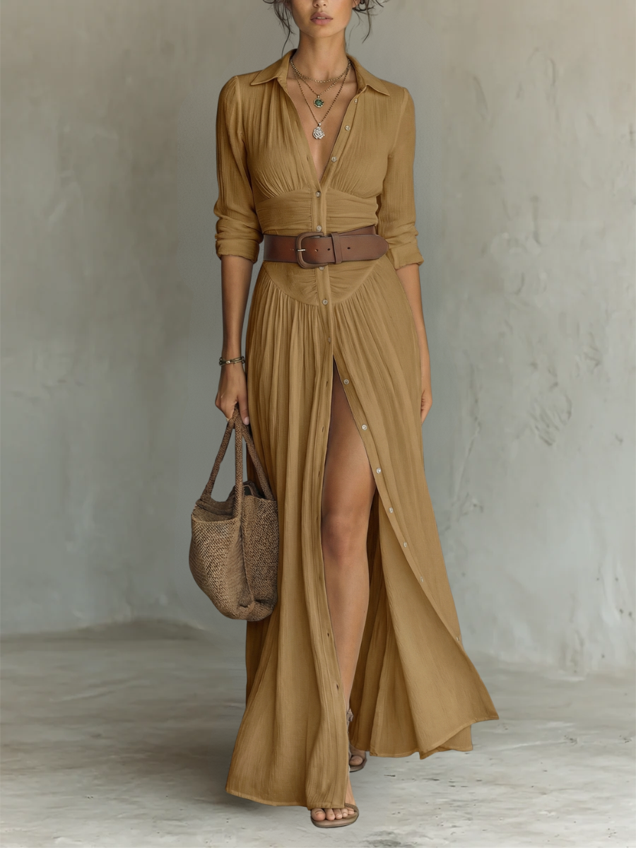Robe Chemise Femme Longue à Boutons avec Fente