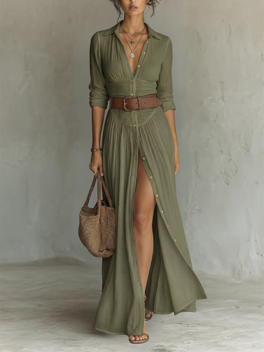 Robe Chemise Femme Longue à Boutons avec Fente
