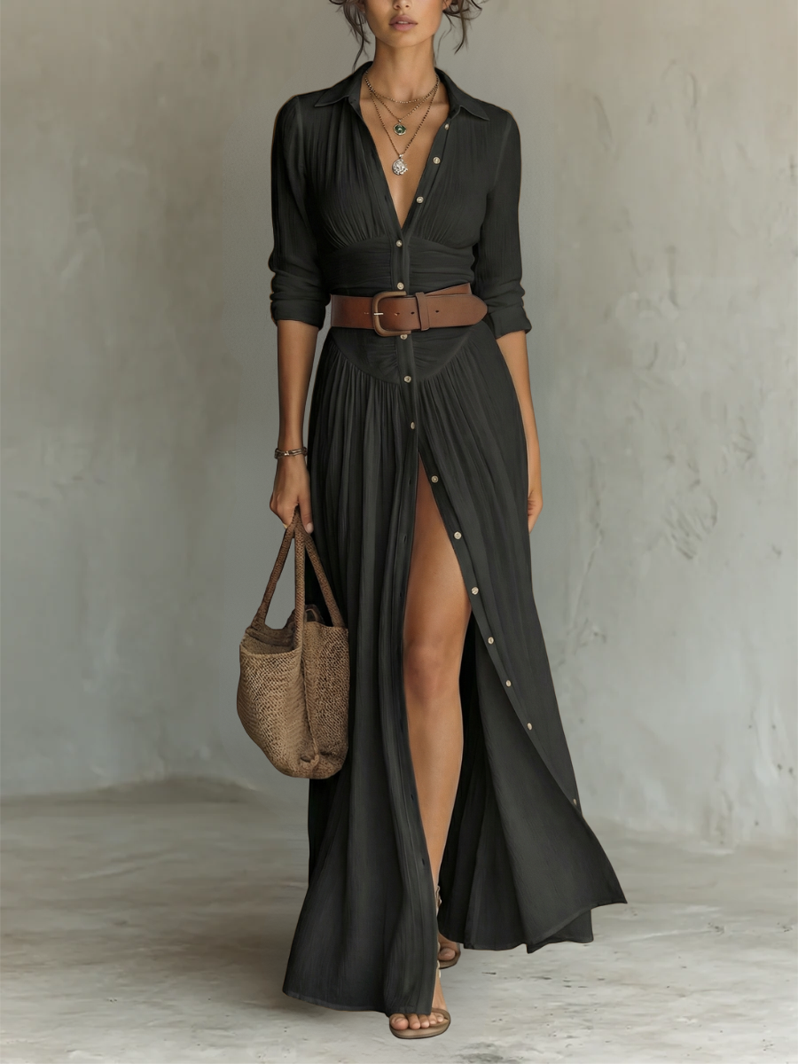 Robe Chemise Femme Longue à Boutons avec Fente