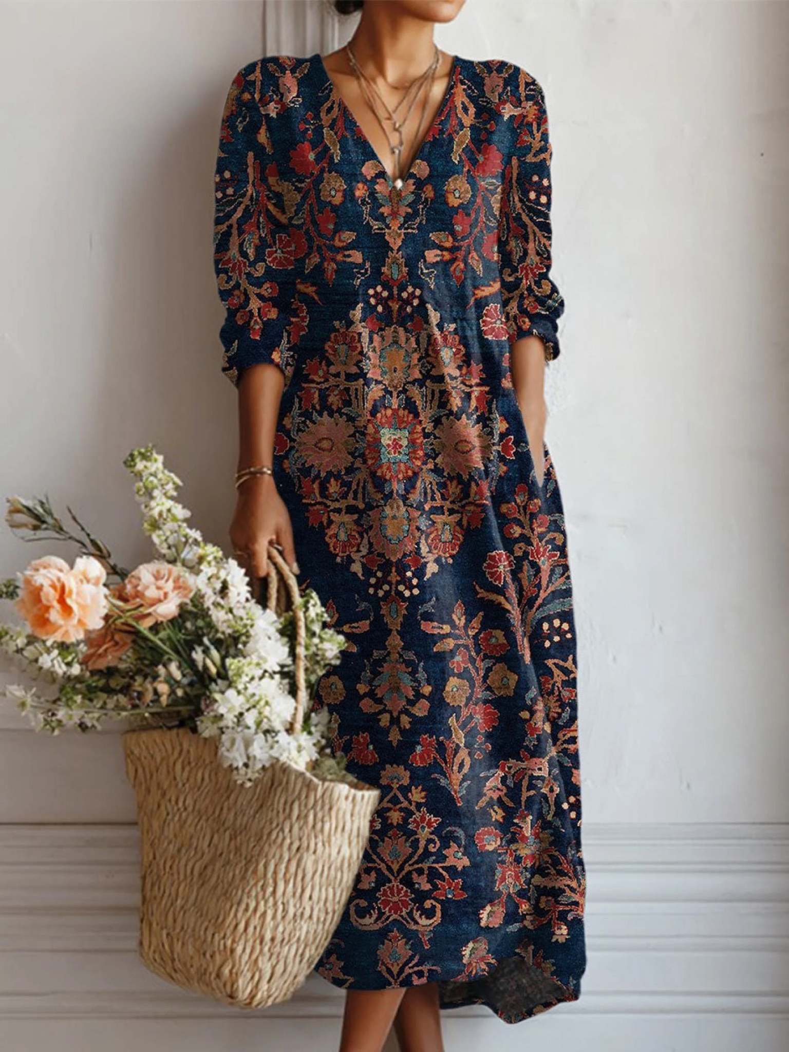 Robe Midi Bohème Décontractée Pour Femme Col en V et Manches 3/4