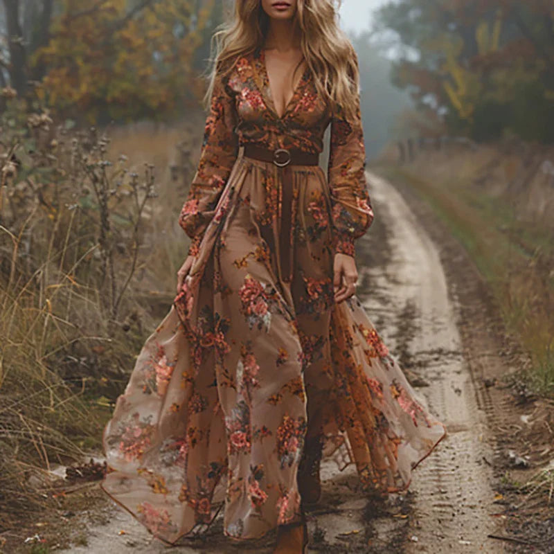 Women's Long Printed Dress, Flowing Cut, Bohemian Style
