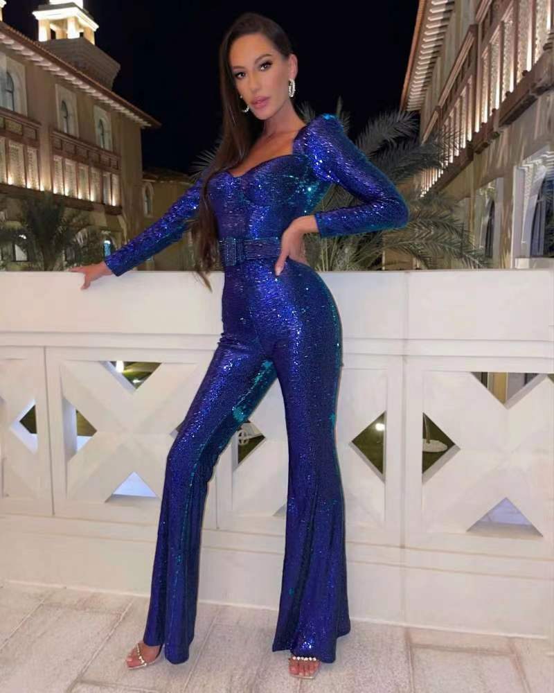 Elegant Sequin Jumpsuit with Flared Legs for Women
