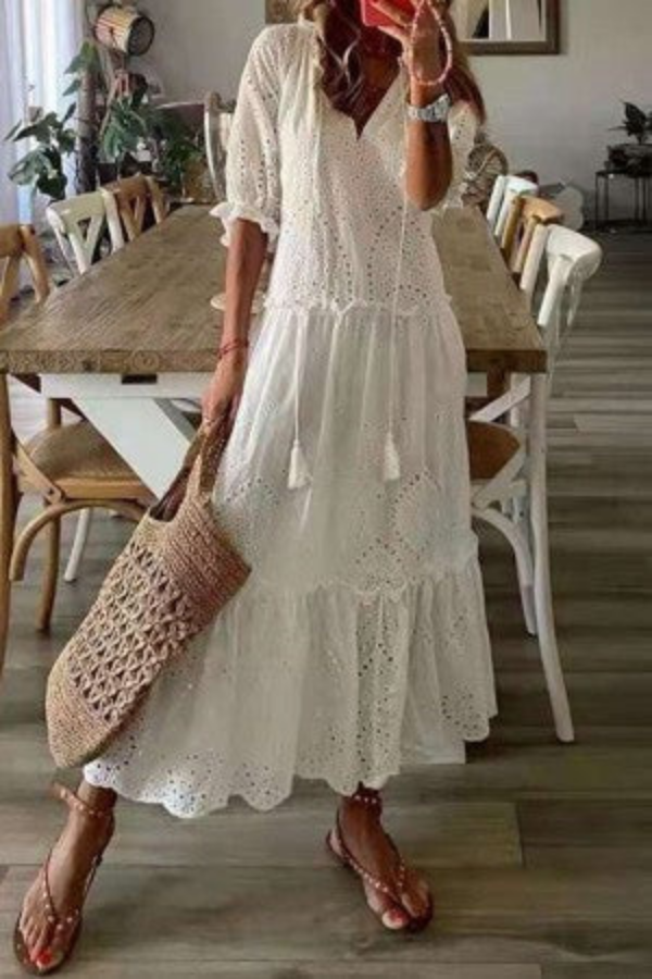 Women's long floral cotton dress with V-neck