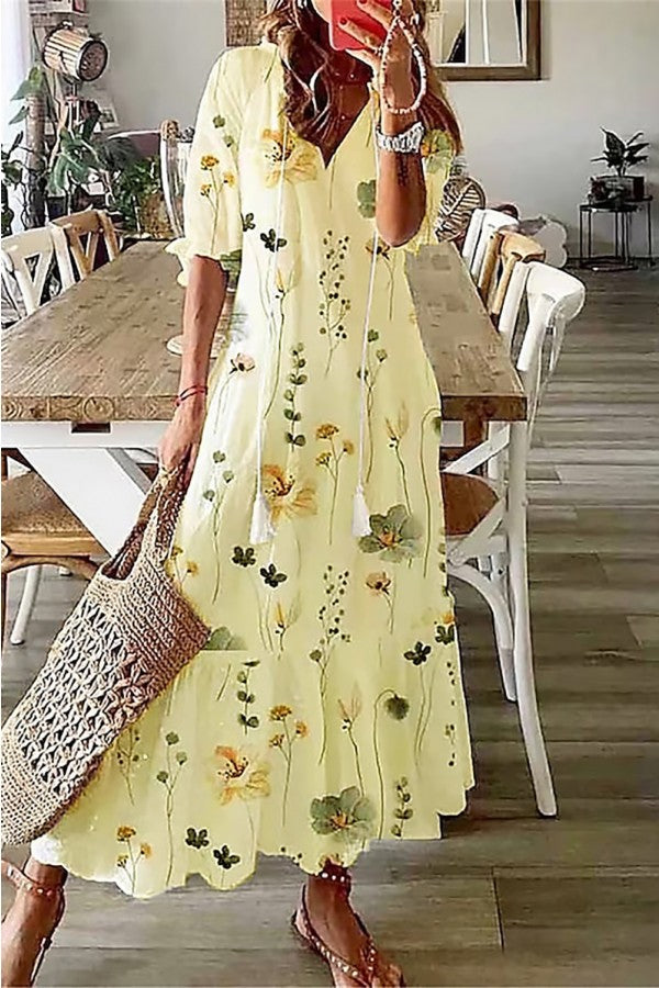 Women's long floral cotton dress with V-neck