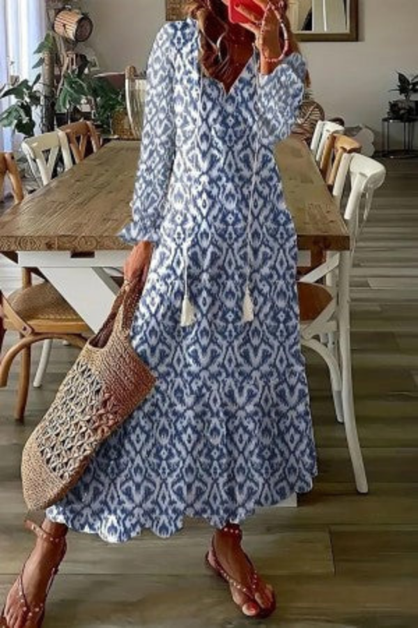 Women's long floral cotton dress with V-neck