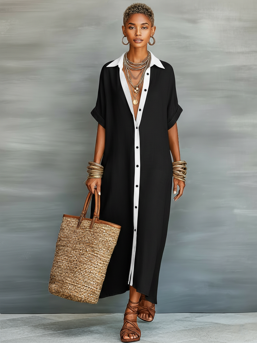 Vestido largo de lino para mujer con cuello de camisa
