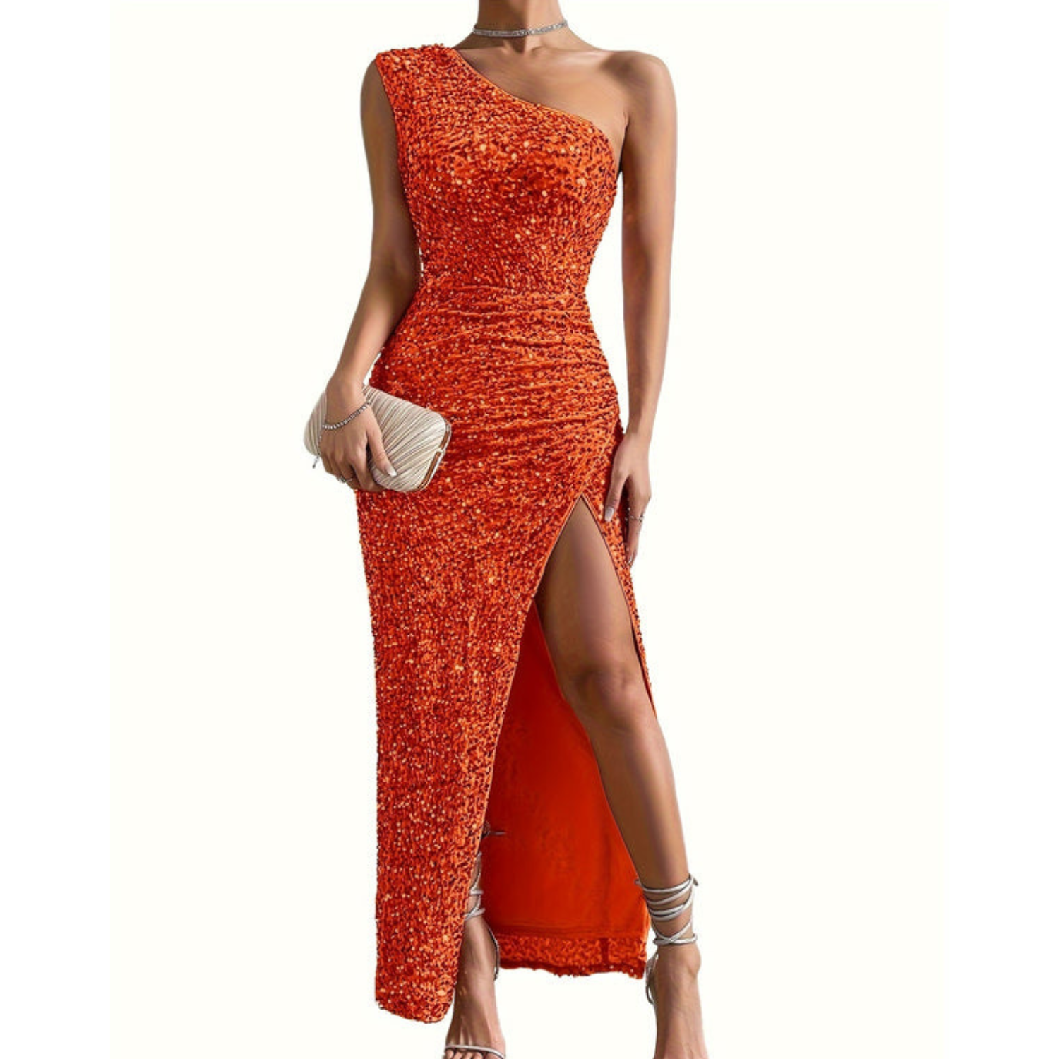 Robe scintillante femme sans épaules fente latérale