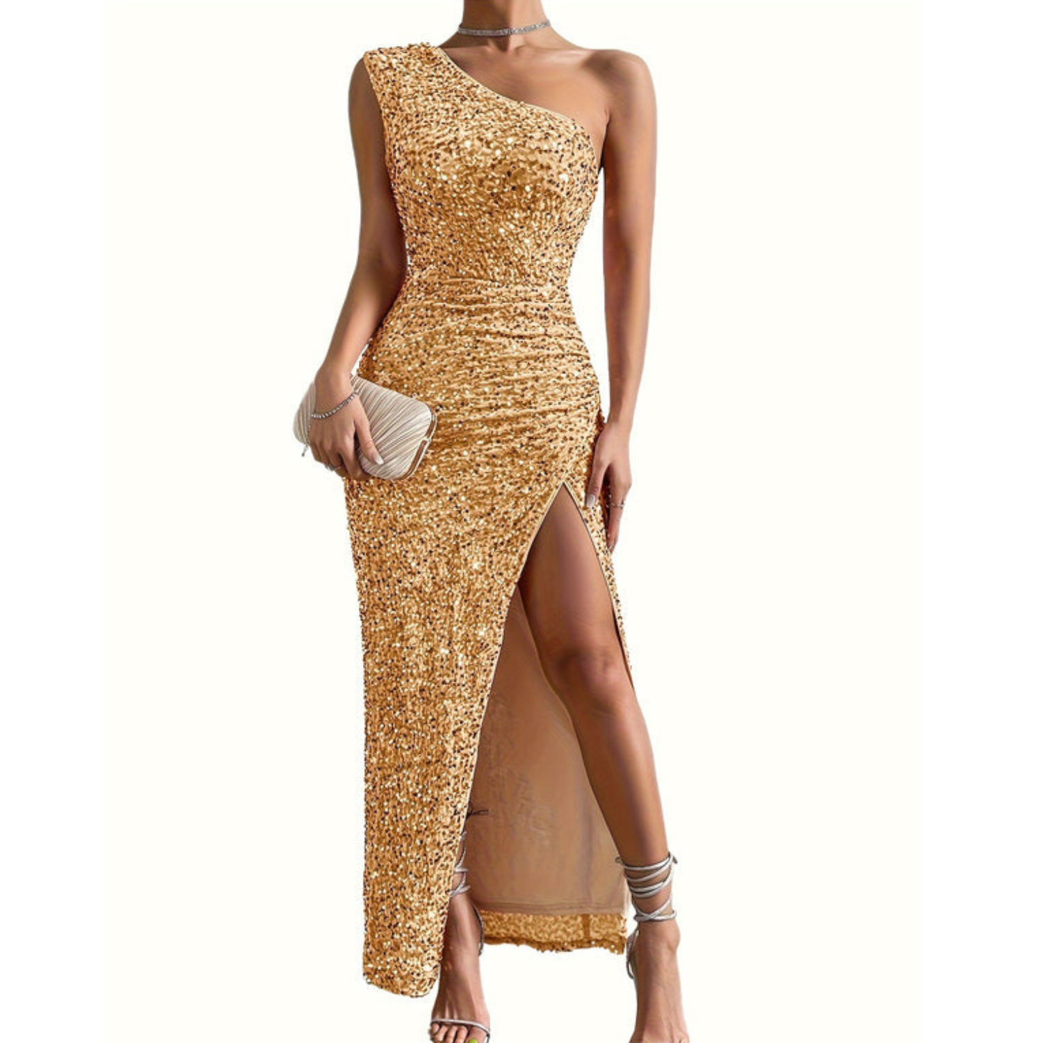 Robe scintillante femme sans épaules fente latérale