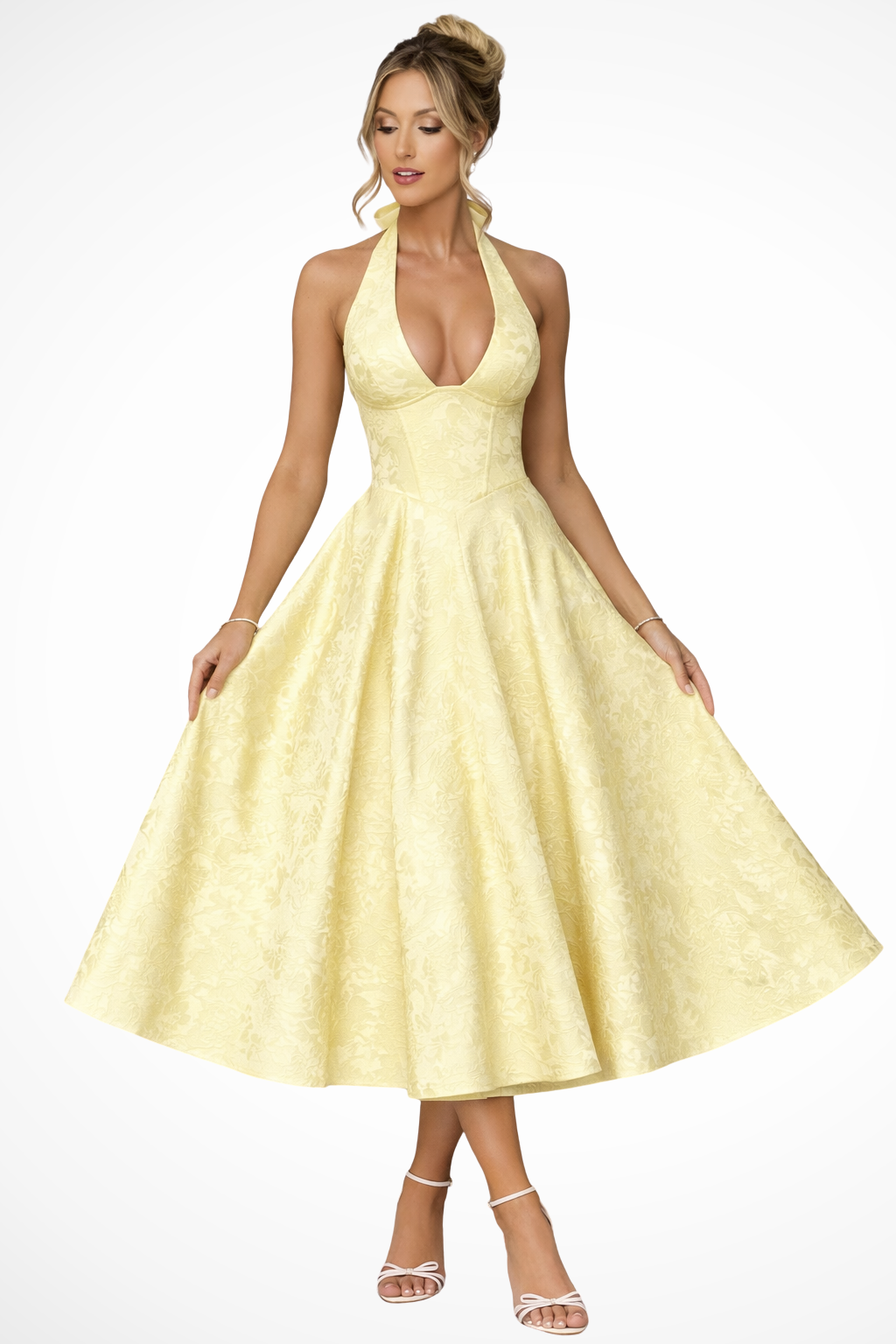 Élégante Robe Midi Femme à Col Halter et Dos Nu pour Mariage d’Été