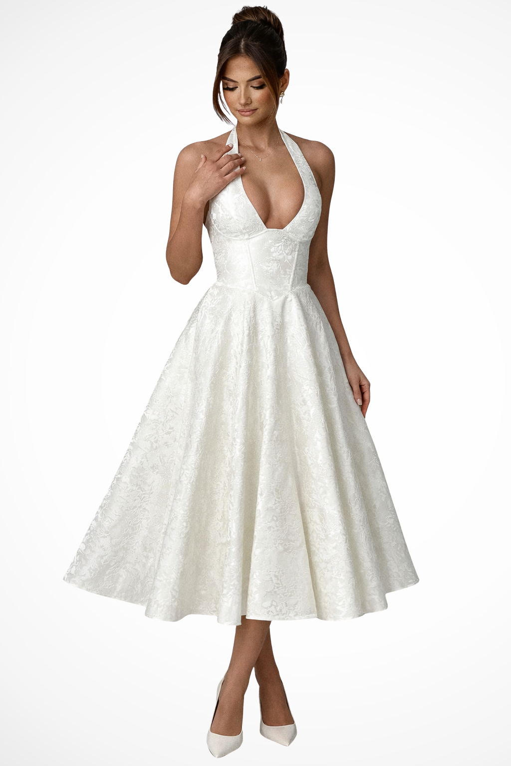 Élégante Robe Midi Femme à Col Halter et Dos Nu pour Mariage d’Été