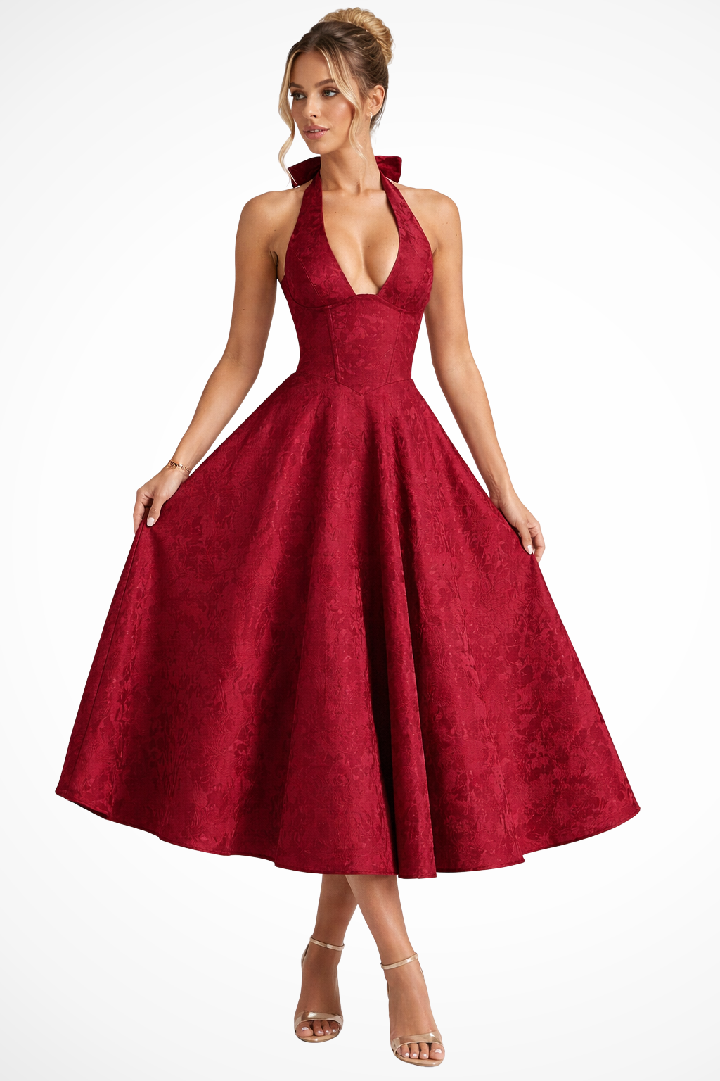 Élégante Robe Midi Femme à Col Halter et Dos Nu pour Mariage d’Été