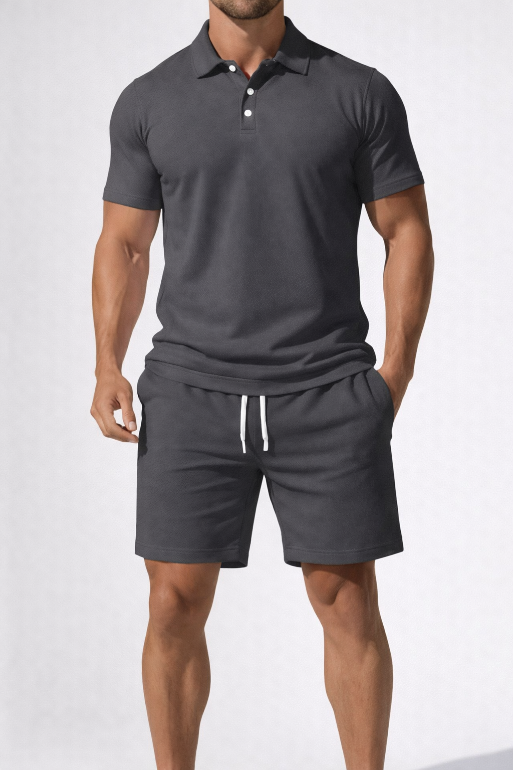 Ensemble d’été élégant pour homme : polo à manches courtes et short à cordon