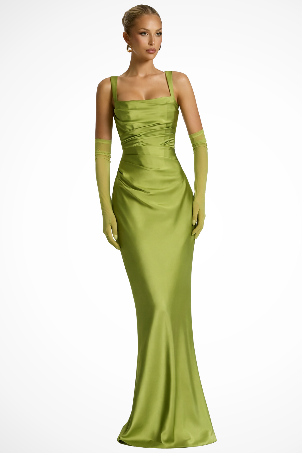 Robe de soirée femme en satin froncé à col carré