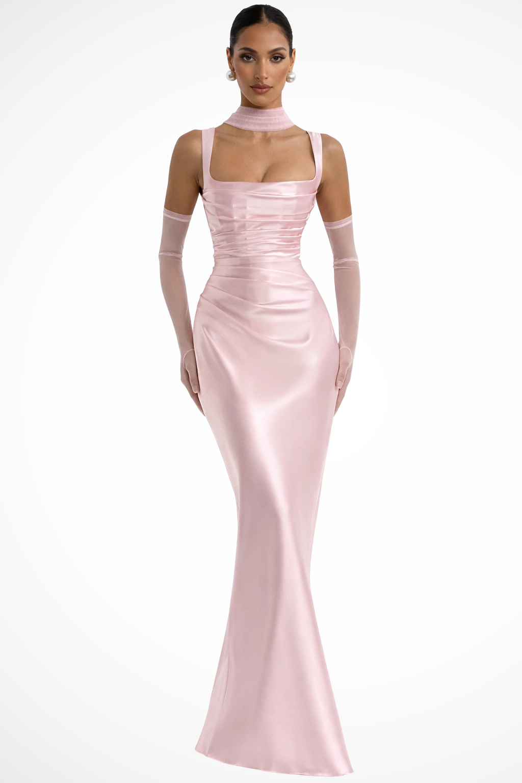 Robe de soirée femme en satin froncé à col carré