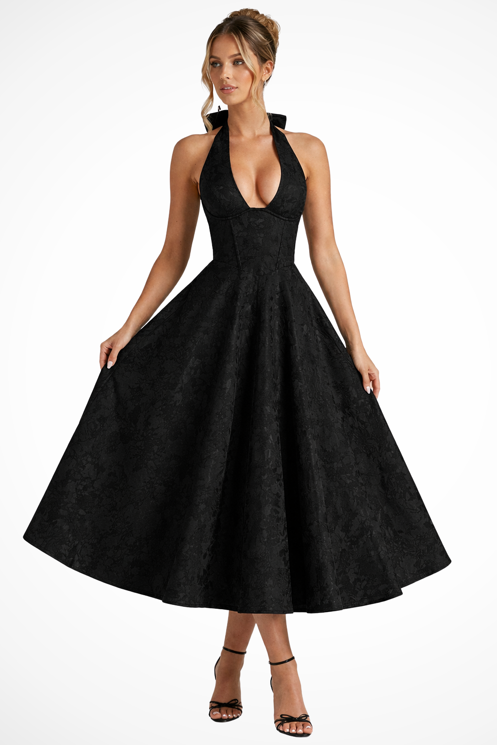 Élégante Robe Midi Femme à Col Halter et Dos Nu pour Mariage d’Été