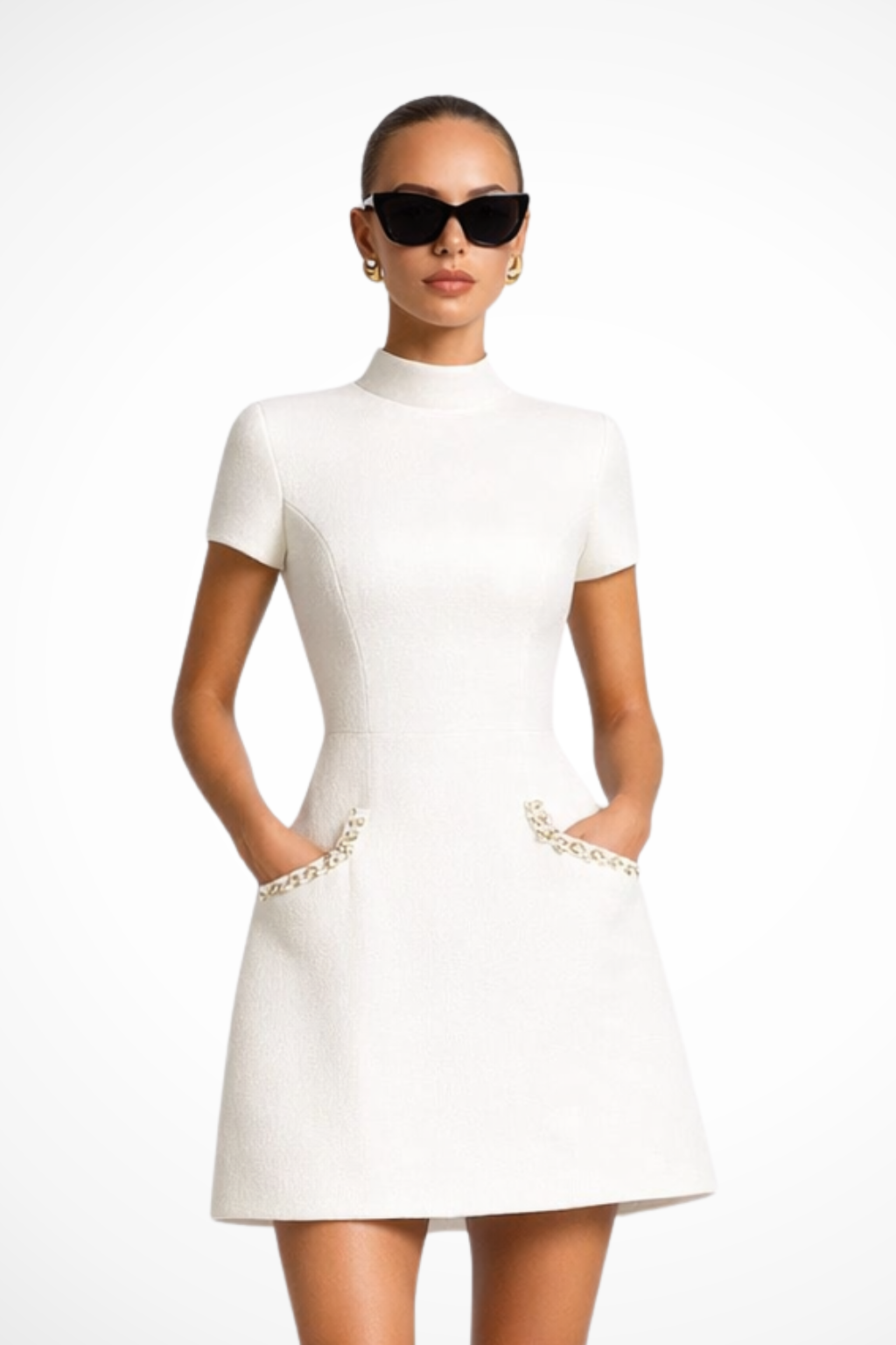 Robe Mini Femme Élégante à Détails Perles avec Poches