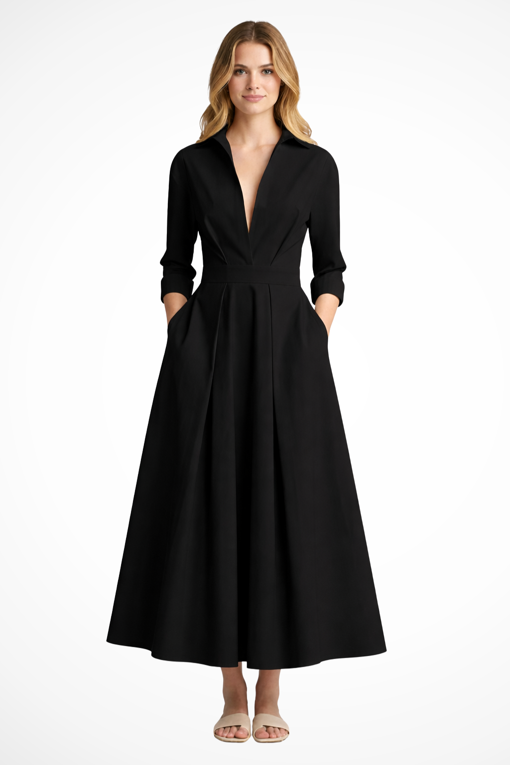 Robe maxi cintrée à boutons et col pour femme