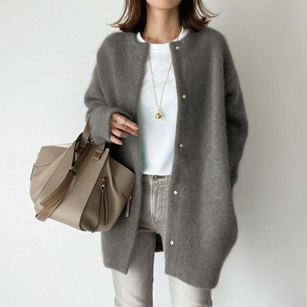Women’s Long Relaxed-Fit Cardigan with Front Button Closure