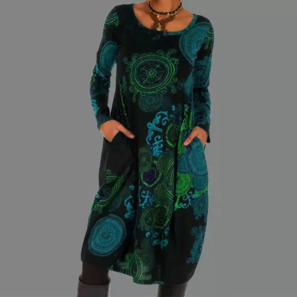 Robe Midi Bohème à Manches Longues Imprimé Unique