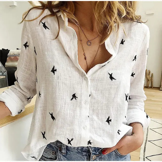 Chemise Décontractée Imprimée Oiseaux à Manches Longues pour Femme