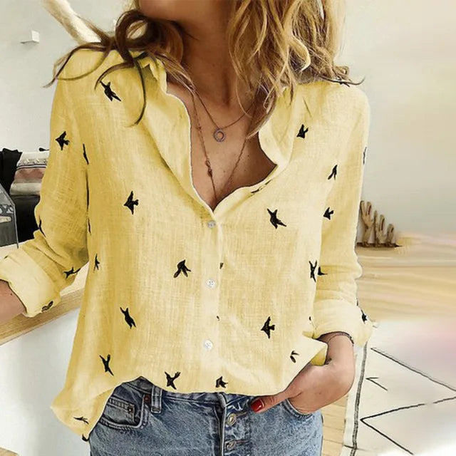 Chemise Décontractée Imprimée Oiseaux à Manches Longues pour Femme