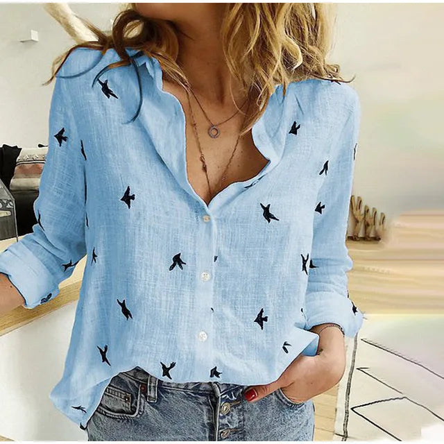 Chemise Décontractée Imprimée Oiseaux à Manches Longues pour Femme