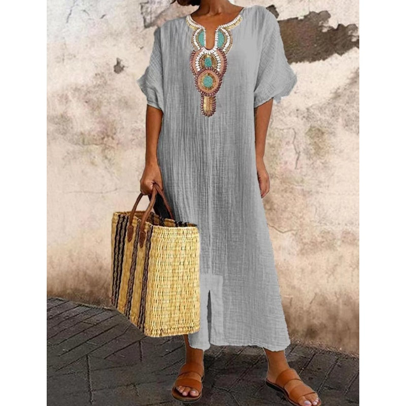 Embroidered Linen Maxi Dress for Women