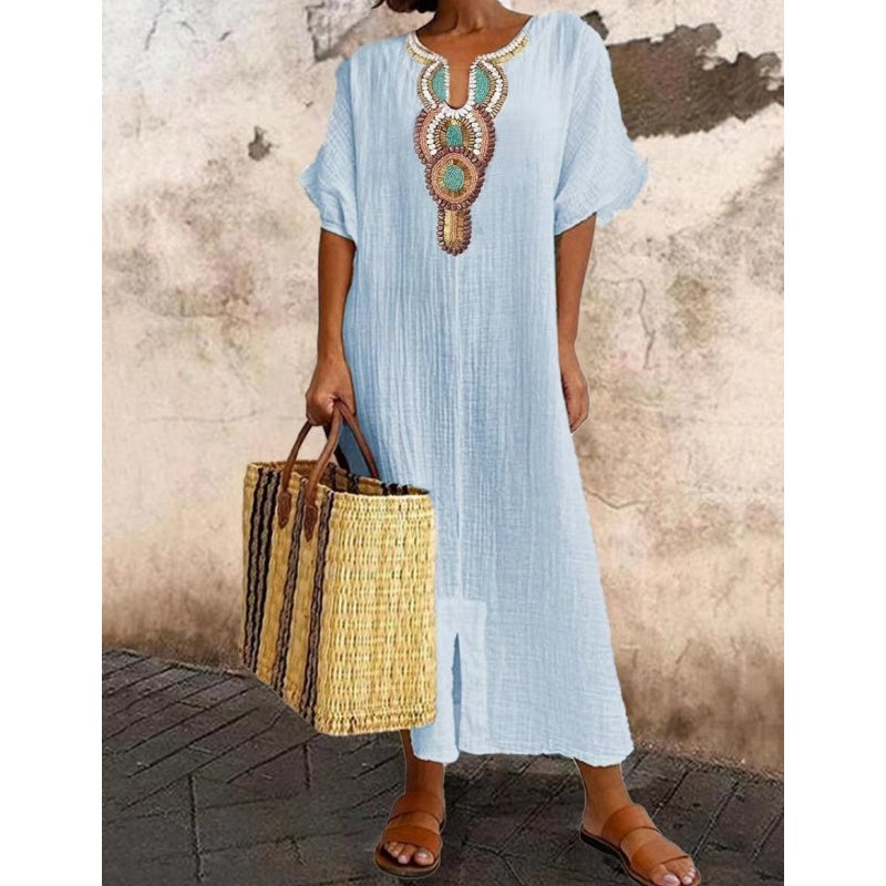 Embroidered Linen Maxi Dress for Women