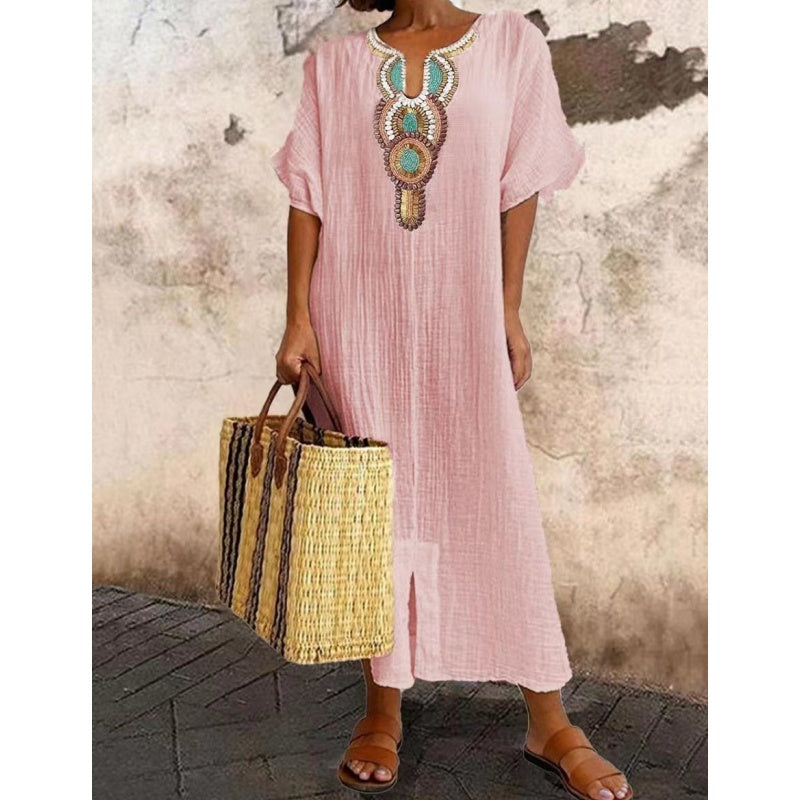 Embroidered Linen Maxi Dress for Women
