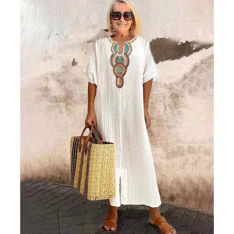 Embroidered Linen Maxi Dress for Women