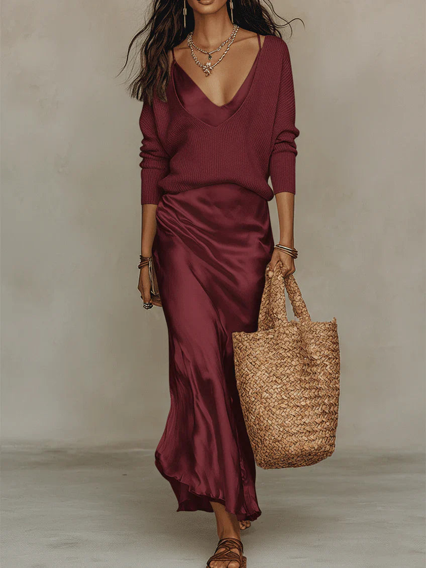 Ensemble Deux Pièces avec Robe Longue Satinée et Pull Col V décontracté