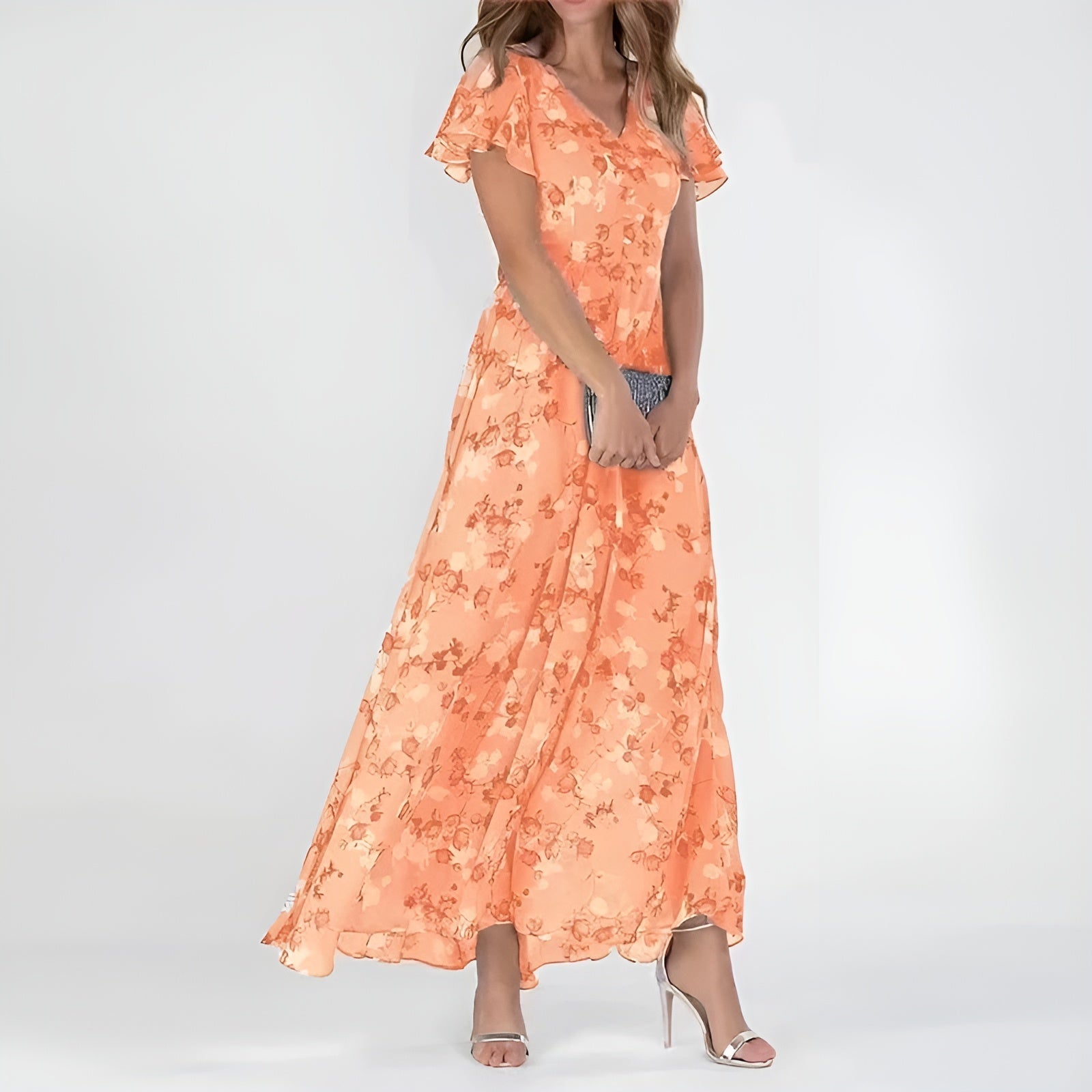 Robe Longue Fleurie à Volants avec Décolleté Cache-Cœur et Silhouette Fluide