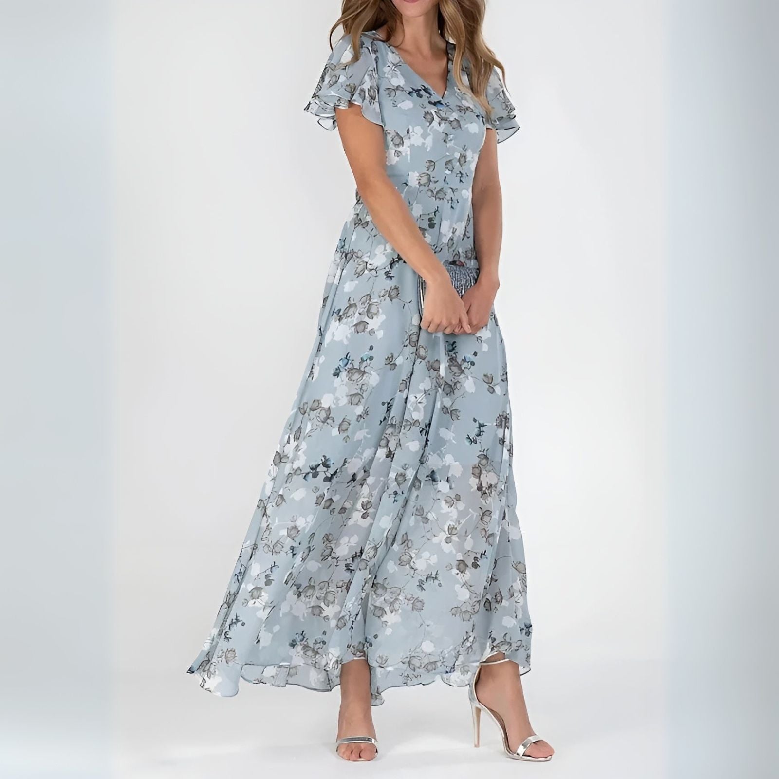 Robe Longue Fleurie à Volants avec Décolleté Cache-Cœur et Silhouette Fluide