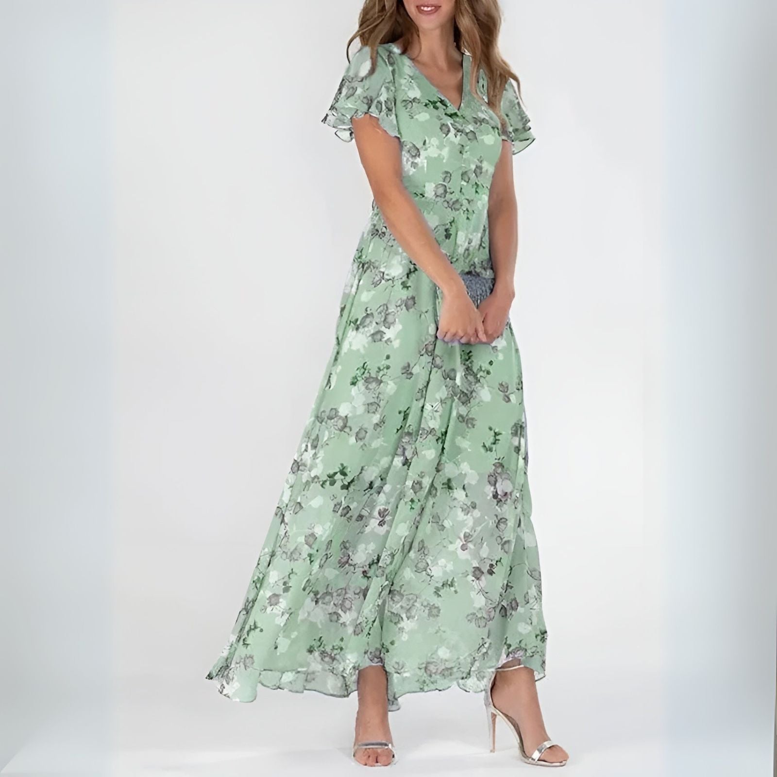 Robe Longue Fleurie à Volants avec Décolleté Cache-Cœur et Silhouette Fluide