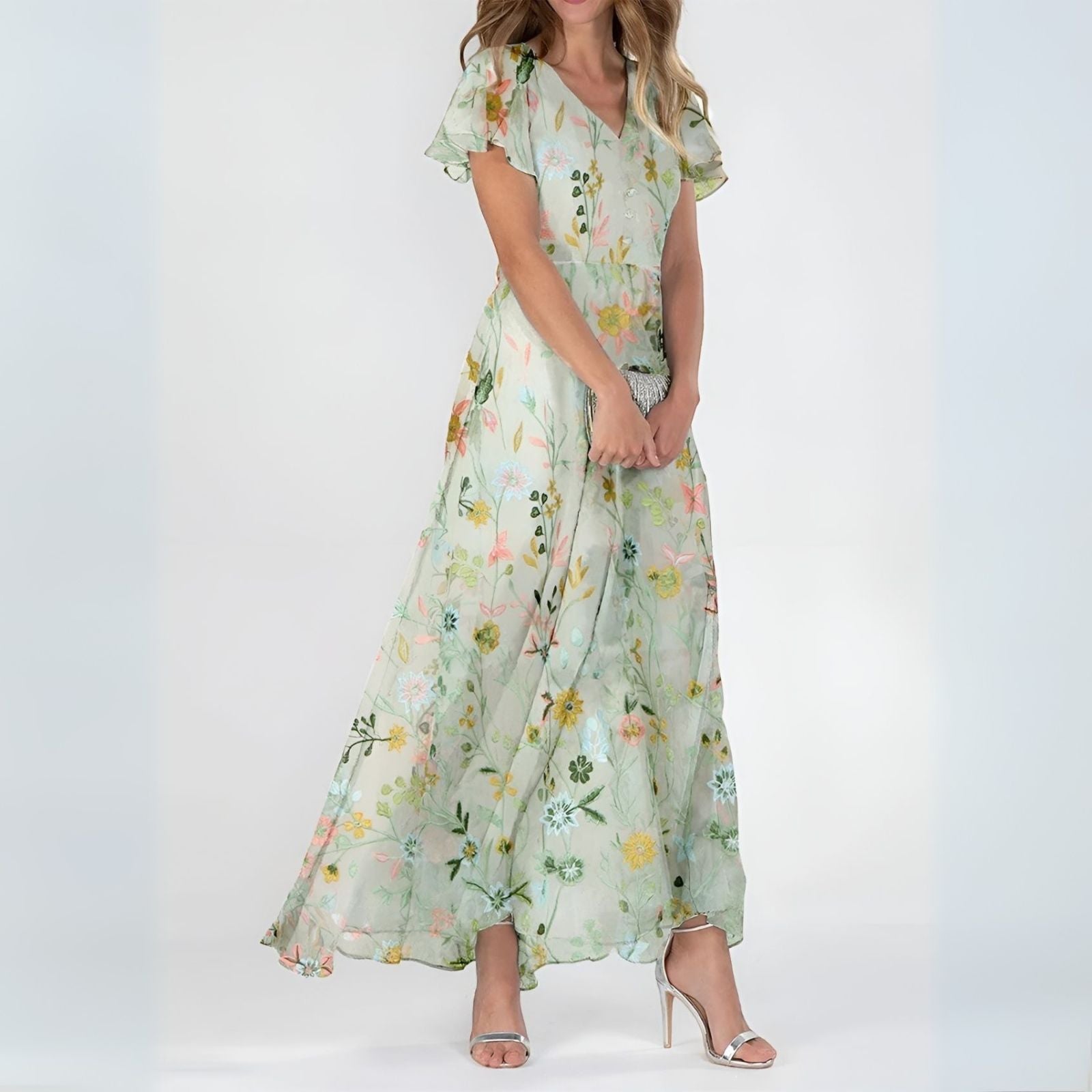 Robe Longue Fleurie à Volants avec Décolleté Cache-Cœur et Silhouette Fluide