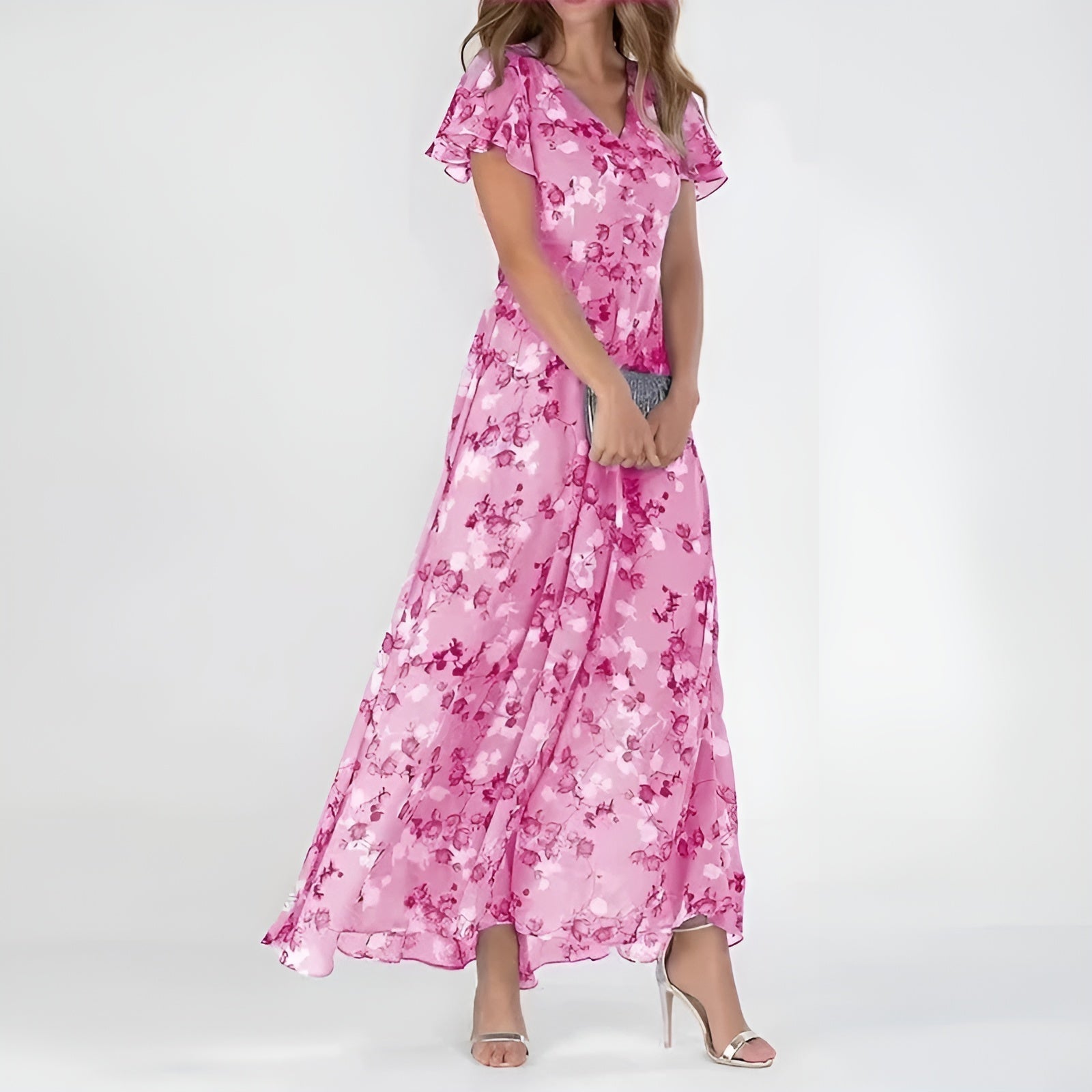 Robe Longue Fleurie à Volants avec Décolleté Cache-Cœur et Silhouette Fluide
