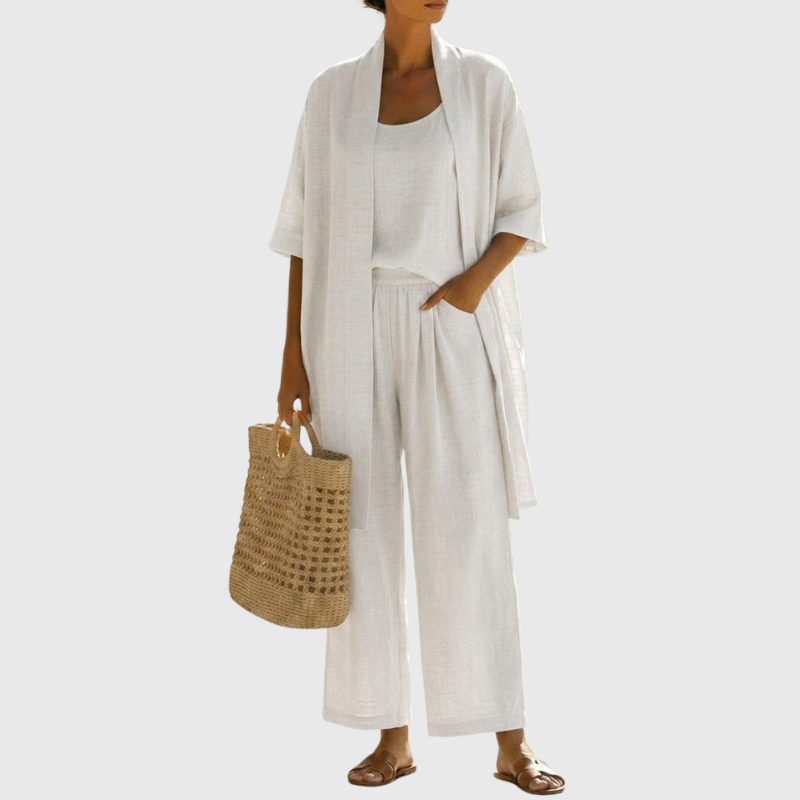 Ensemble Élégant Trois Pièces avec Débardeur Sans Manches, Pantalon Ample et Cardigan Ouvert