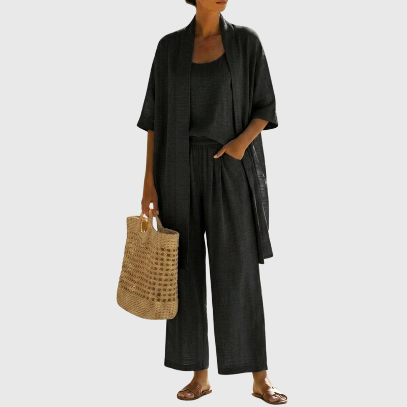 Ensemble Élégant Trois Pièces avec Débardeur Sans Manches, Pantalon Ample et Cardigan Ouvert