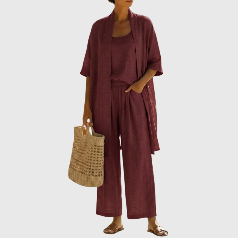 Ensemble Élégant Trois Pièces avec Débardeur Sans Manches, Pantalon Ample et Cardigan Ouvert