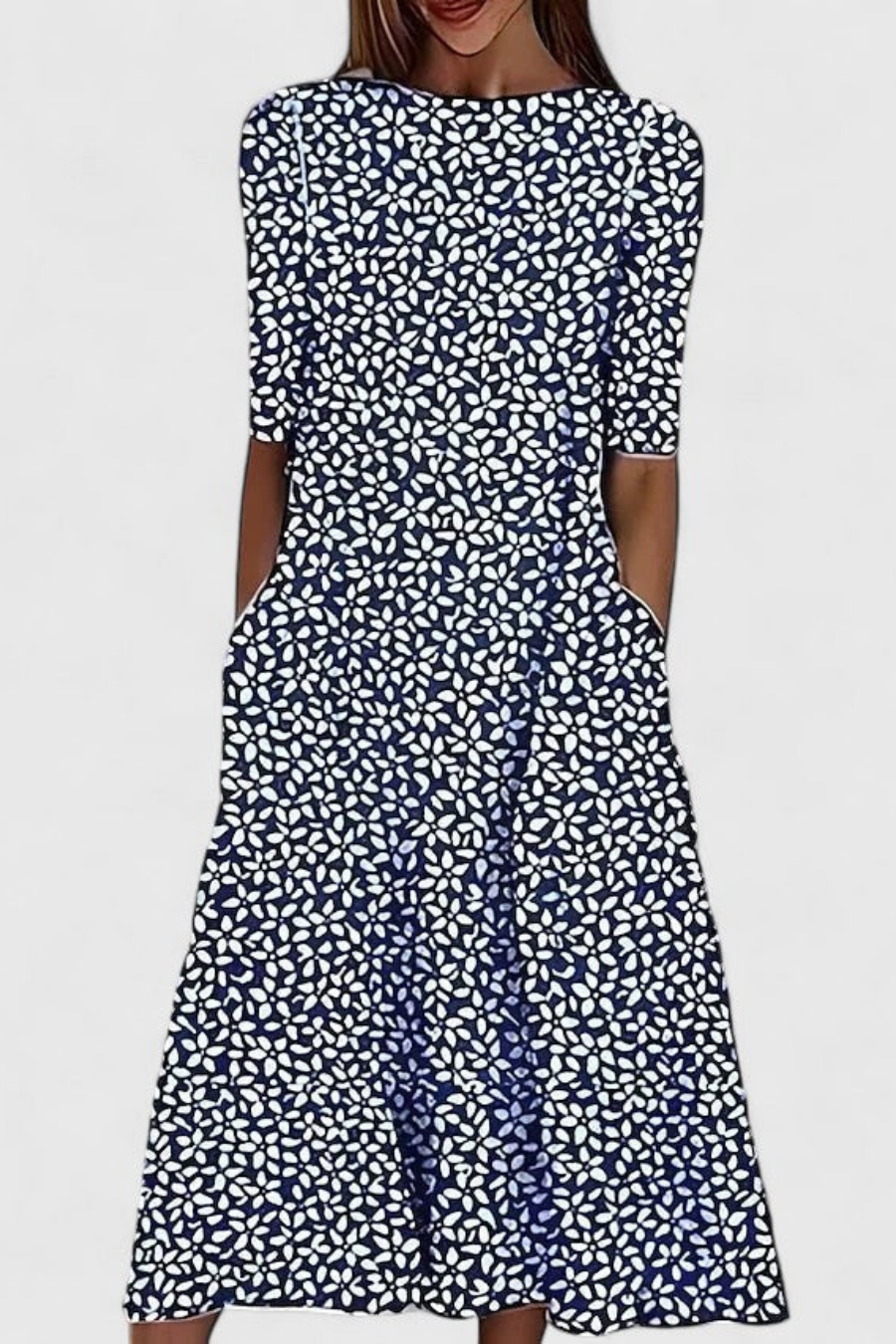 Robe Midi Femme Imprimée Motif Floral avec Coupe Évasée